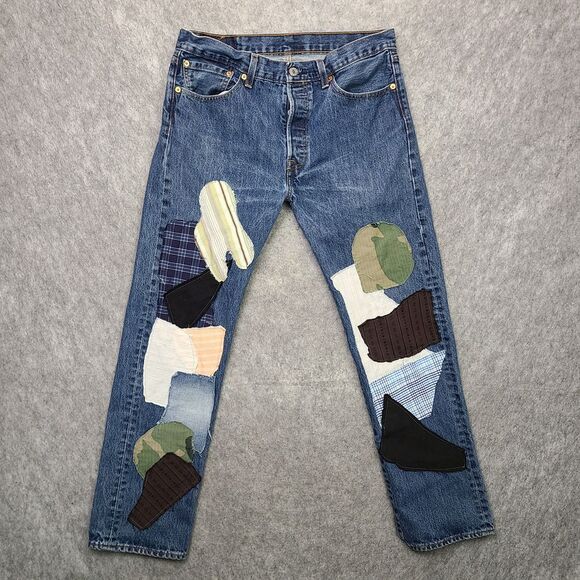 Levi's 501 Button Fly Jeans Mens 32x30 Patchwork Straight Leg Distressed‎